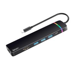 Адаптор USB-C с RGB осветление за гъвкава употреба с лаптоп или смартфон. Разполага с множество портове, за да подобри възможностите на твоите устройства!
