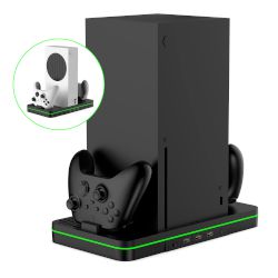 Вертикална стойка за конзоли Xbox Series X|S със светлинна лента, 3 порта USB-A, регулируем вентилатор и възможност за едновременно зареждане на 2 безжични контролера Xbox!