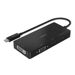 Практичен адаптор USB-C към Multiport с портове HDMI, VGA, DisplayPort и DVI. Свързва се към USB-C порта на устройството ти и поддържа резолюции на видео до 4Kx2K @ 60Hz!