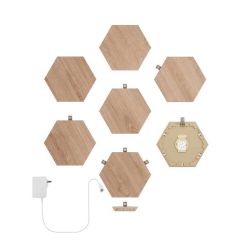 Въведение в магическия свят на домашното осветление Nanoleaf Elements със Starter Kit 7PK, който включва между другото (напр. захранване, linkers) 7 плочки тип Elements Wood Look Hexagons!