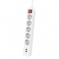 Разклонител за свързване на до седем електрически консуматора чрез пет заземени контакта и два USB изхода!