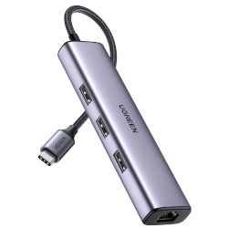 USB-C® Hub с 3 порта USB-A (USB 3.0) и Gigabit Ethernet за свързване на устройства за съхранение и периферия (напр. мишка) към твоя компютър и неговата кабелна мрежа!