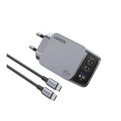 Зарядното може да зарежда до три устройства едновременно с интелигентно разпределение на мощността (до 65W общо). Включва кабел USB-C.